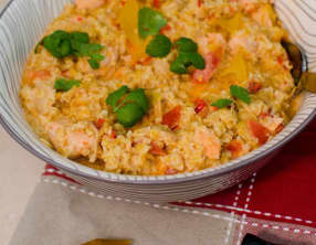 Boulgour au saumon, petits légumes et lait de coco au curry