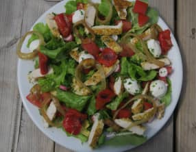 Salade au poulet épicé, légumes crus et grillés, mozzarella