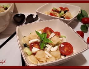 Salade d’orecchiette au basilic, olives, tomates, concombre et feta