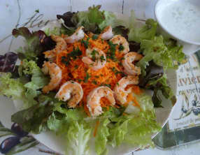 Salade aux crevettes grillées et carottes râpées, sauce au fromage blanc de chèvre au concombre