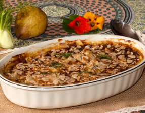 Gratin de fenouil et poires, au gorgonzola et aux amandes