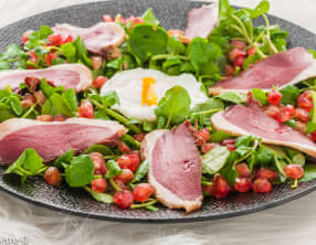 Salade de magret au cresson, grenade et oeuf poché