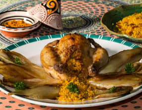 Coquelet farci à l'orientale et endives braisées