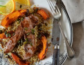 Aiguillettes de canard à l'orange, balsamique et courge rôtie