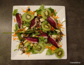 Salade de jeunes pousses aux fruits, fromage et canard séché