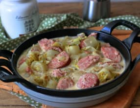 Fondue d'endives aux saucisses fumées