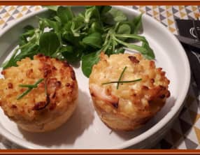 Muffins de coquillettes, poulet et Comté