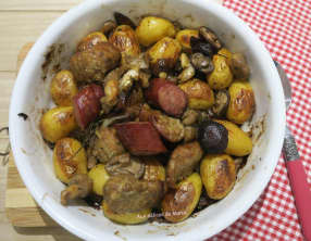 Pommes de terre grenailles à  la saucisse et Diot de Savoie aux champignons