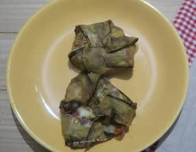Petits chèvres en papillote d'aubergine et bresaola