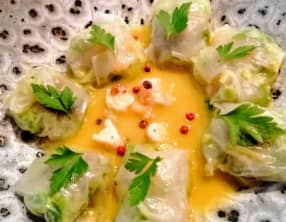 Ravioles d’huîtres et crevettes au curry de Madras