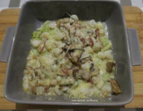 Gratin de ravioles aux pétoncles, champignons et lardons