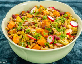 Salade de pâtes aux haricots rouges, brocolis et patate douce