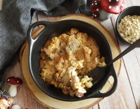Gratin de crozets aux champignons et à la saucisse de Montbéliard