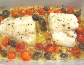 Filets de cabillaud aux tomates cerises et olives