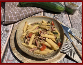 Courgettes aux lardons et penne