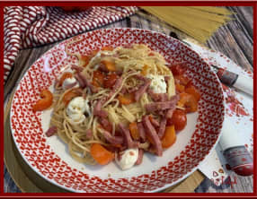 Capellini aux tomates cerises, poivron et bacon