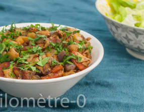 Poêlée d’aubergines aux cèpes et au chorizo