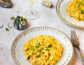 Risotto à la citrouille, poireaux et huile de truffe