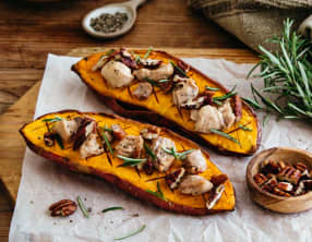 Patate douce rôtie, foie de morue fumé, noix de pécan