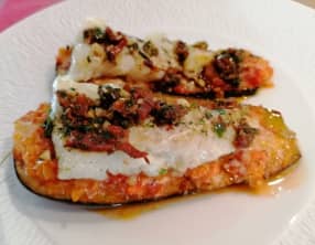 Filets de cabillaud en parmesane d’aubergine gratinée