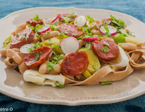 Pâtes au chorizo, poireaux et haricots blancs