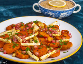Céleri et patates douces au four, houmous de pois chiches
