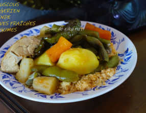 Couscous algérien à la dinde, fèves et légumes de saison