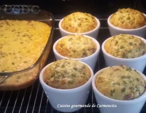 Flans de petits pois au céleri rave coeur de blé et chorizo