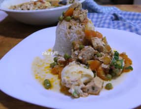 Riz garni de sauce au paprika fort, poulet et légumes