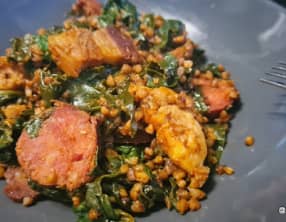 Poêlée de sarrasin grillé, porc et épinard