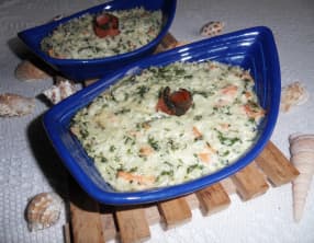 Gratin de riz au saumon gravlax confit et épinards