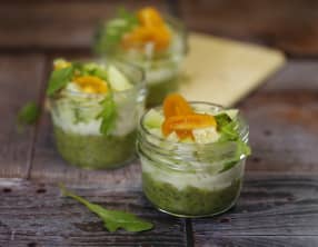 Duo de purées d'avocat et de poisson au concombre