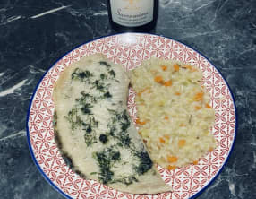Turbot au beurre d'aneth, risotto aux petits légumes
