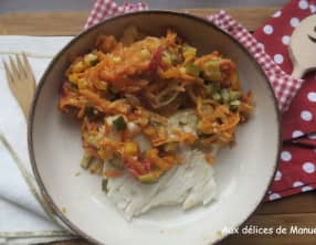 Dos de cabillaud aux petits légumes à la sauce moutardée