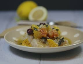 Dos de cabillaud sauce vierge d’agrumes aux olives de Kalamata