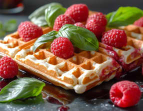 Gaufres au chocolat blanc, framboises et basilic