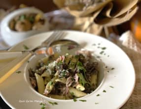 Penne crémeux aux girolles grises et au bacon