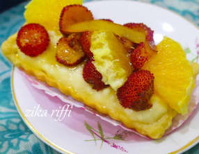 Tartelettes aux arbouses et oranges à la crème pâtissière, pâte brisée aux amandes
