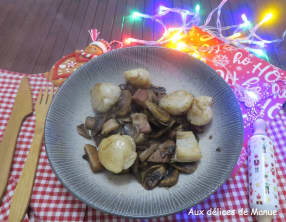 Noix de Saint-Jacques aux lardons et champignons de Paris