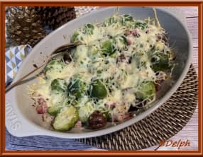 Gratin aux choux de Bruxelles, lardons et marrons