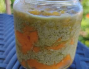 Pudding de chia coco matcha, mangue, fruit de la passion