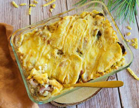 Gratin de pâtes alsaciennes au Munster et aux lardons