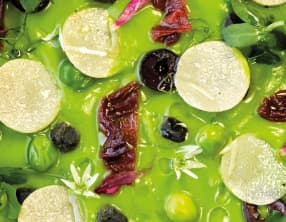 Crème prise de hareng, velouté de petits pois et truffe d’été