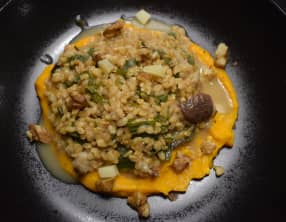 Risotto de petit épeautre aux champignons et crème de potimarron au chèvre frais