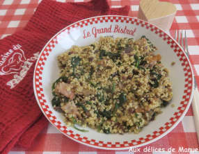 Boulgour aux épinards, champignons et bacon, à la crème