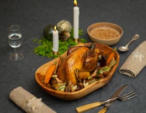Pintade chaponnée, crème au pain grillé et légumes de saison rôtis