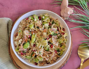 Salade d’orzo au pulled pork choux de Bruxelles et grenade