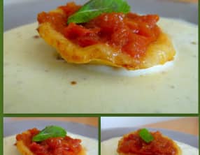 Tatin de tomates et balsamique et nage aux échalotes