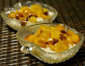 Mirabelles caramélisées au beurre salé et riz au lait à la vanille