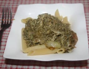 Penne sauce pesto au lapin